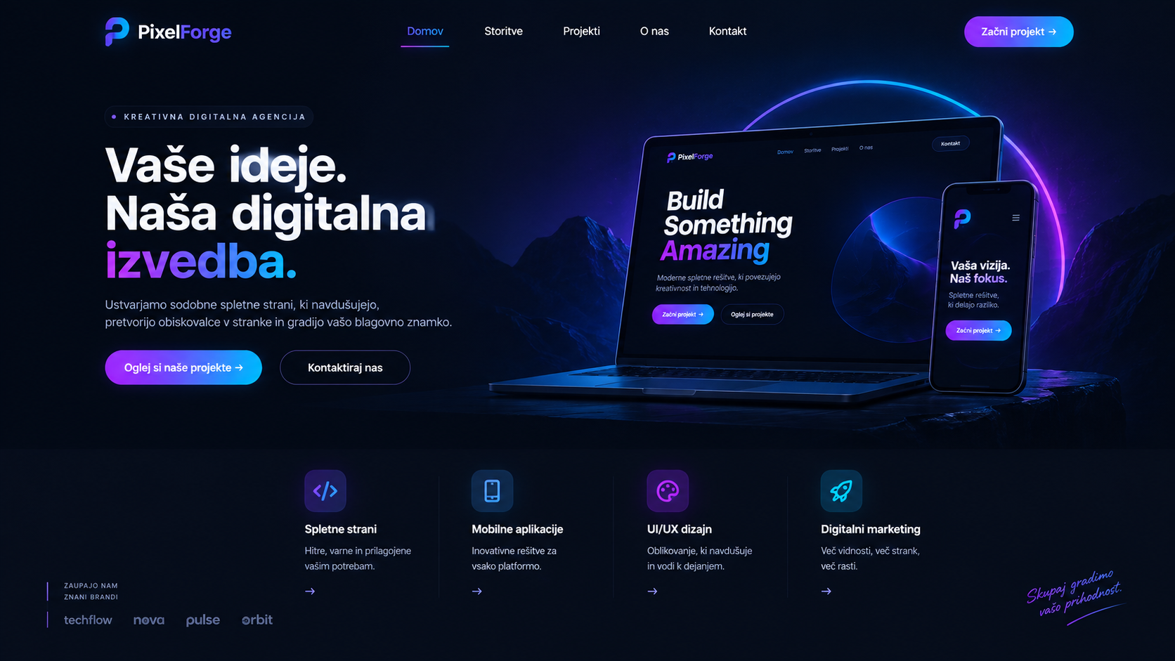 Primer izdelane spletne strani za kreativno digitalno agencijo (PixelForge)