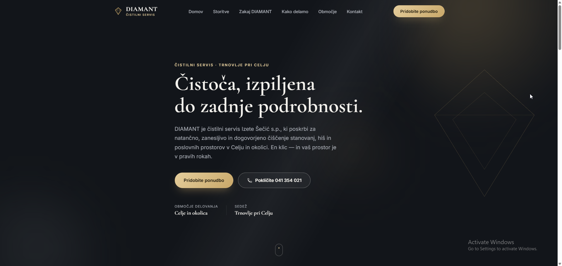 Primer izdelane spletne strani za čistilni servis (Diamant)